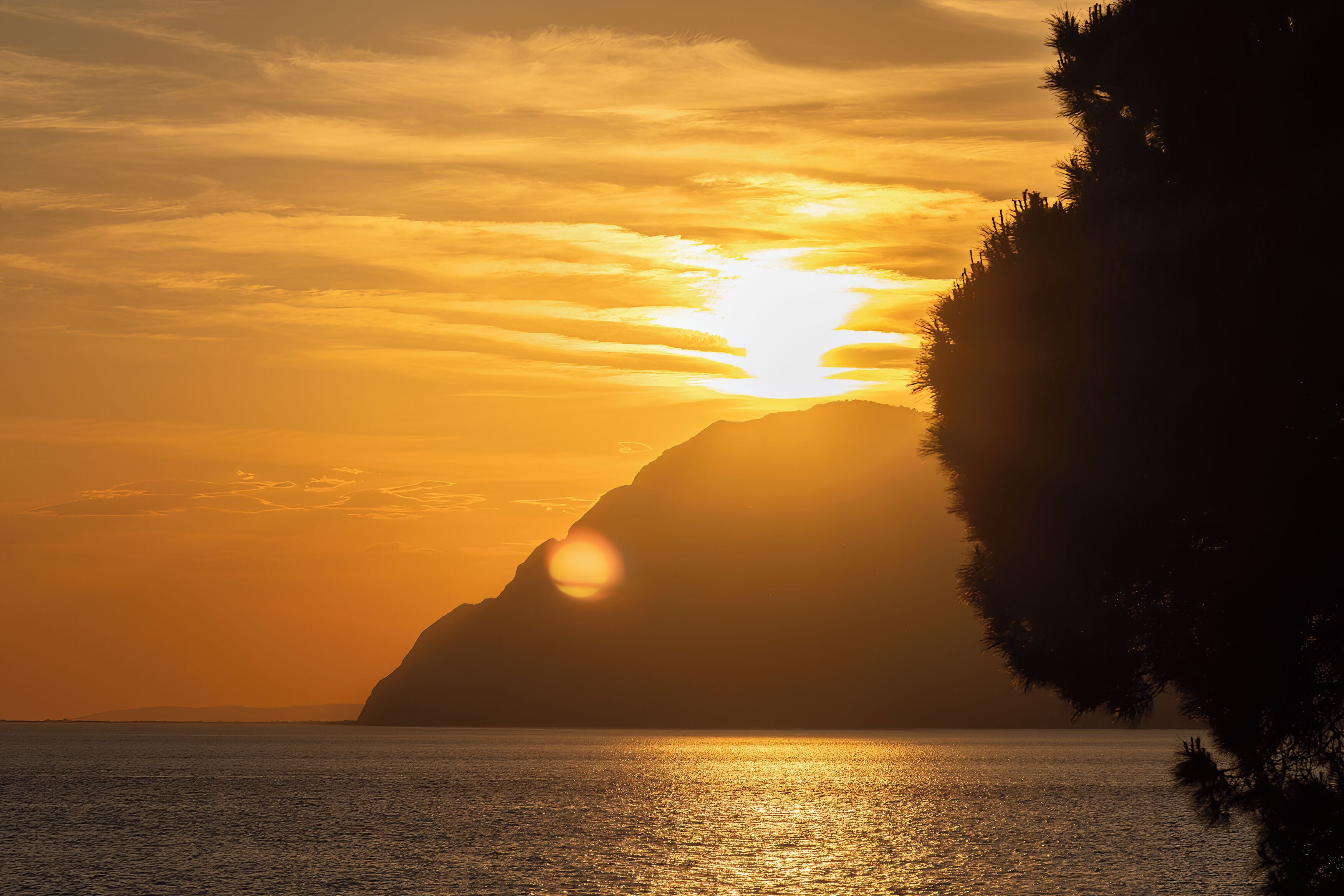 A sunset over a body of water with a silhouette of a mountain and a tree.