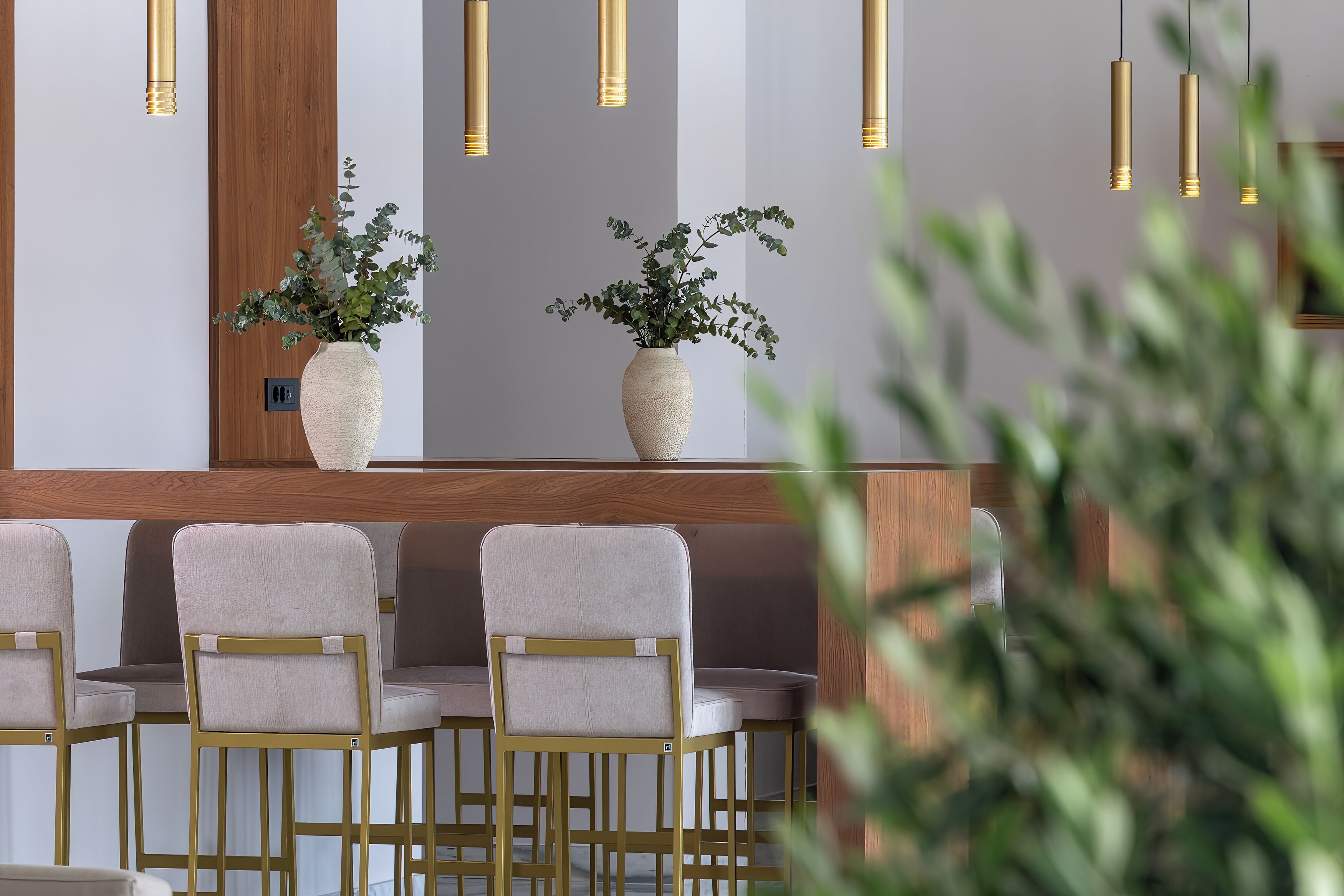 A modern interior with wooden paneling, a reception desk, and three chairs.
