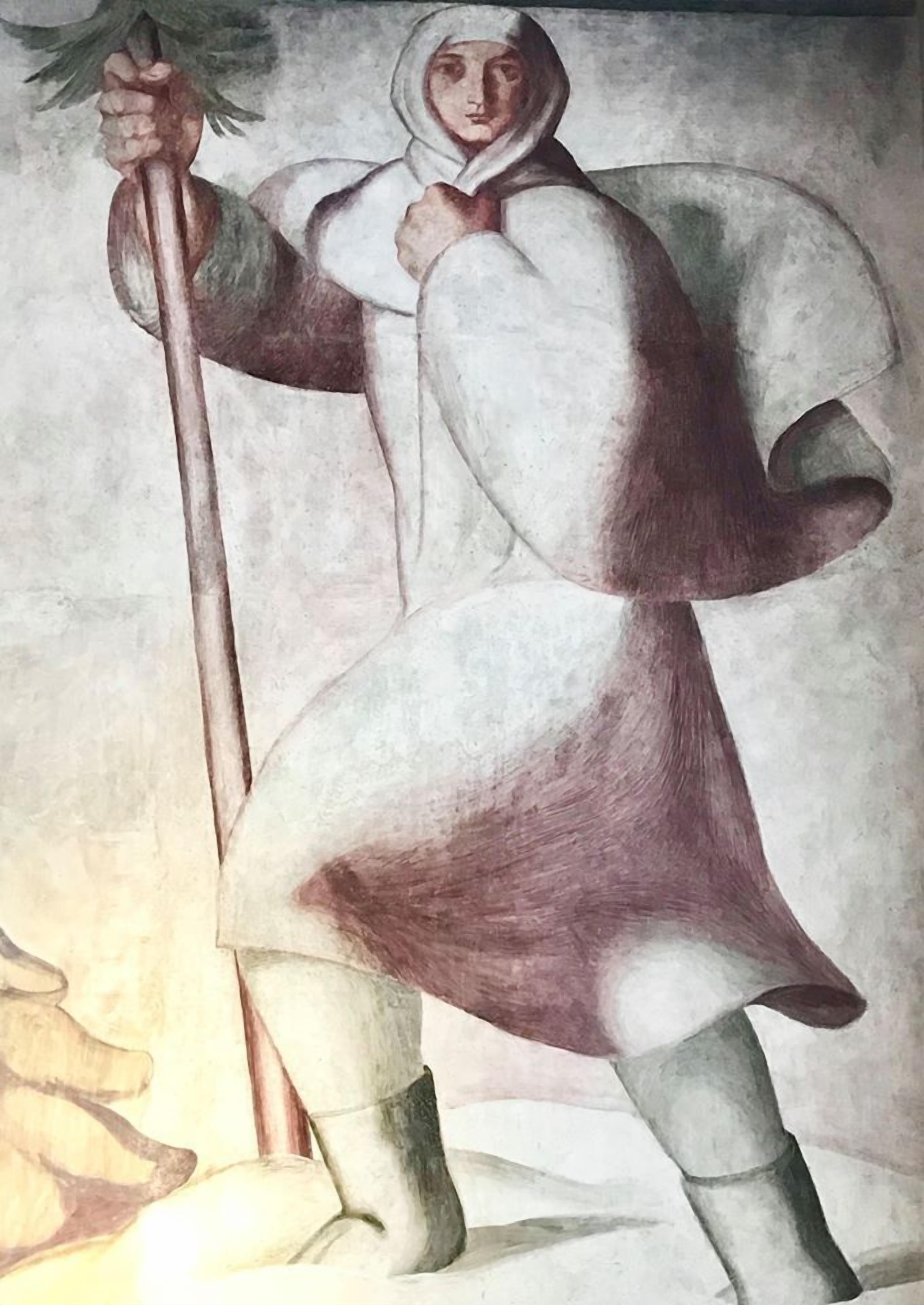 A painting of a figure holding a staff, with a plain background.
