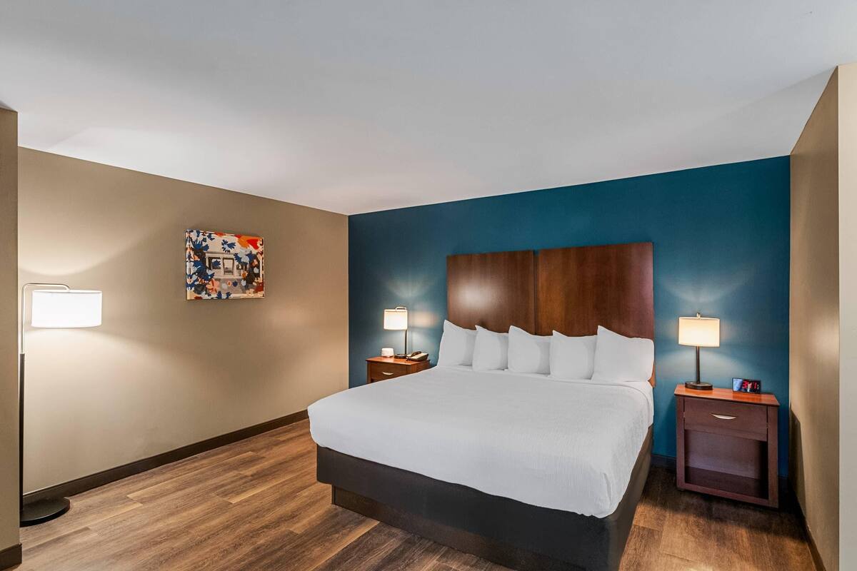 A hotel room with a large bed, two bedside tables with lamps, a nightstand, and a wall-mounted artwork.