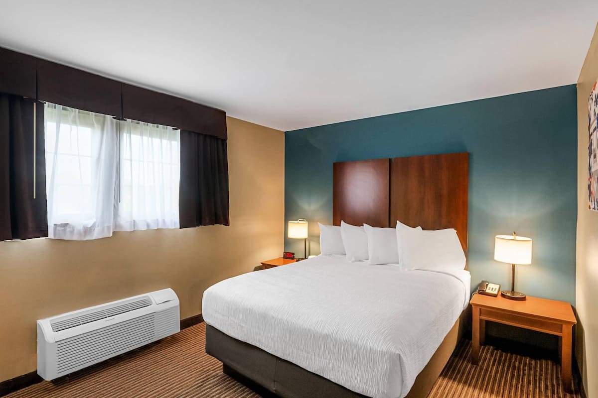 A hotel room with a large bed, a bedside table with a lamp, a wall-mounted air conditioner, and a window with curtains.