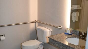 A bathroom with a toilet, sink, mirror, and handrail.
