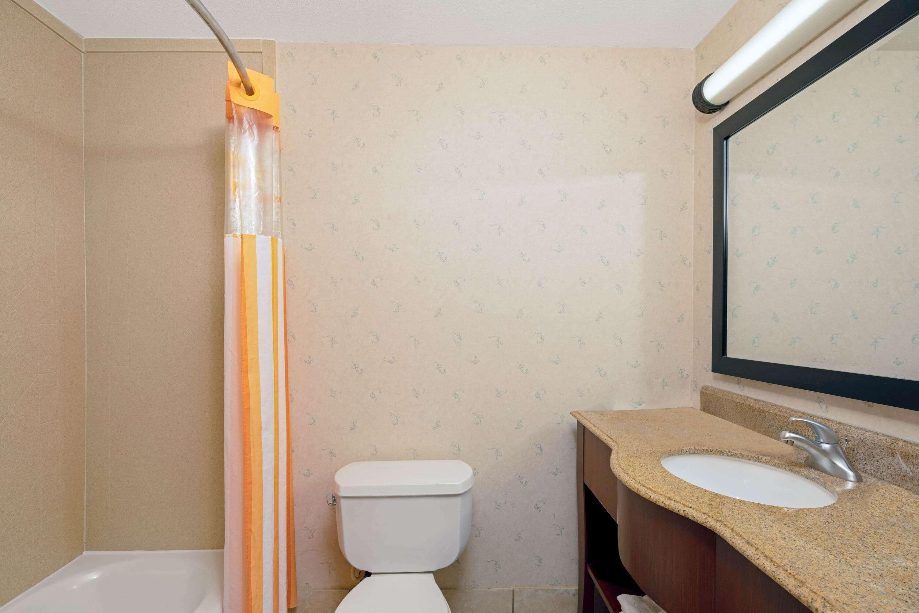 A bathroom with a toilet, sink, and shower curtain.