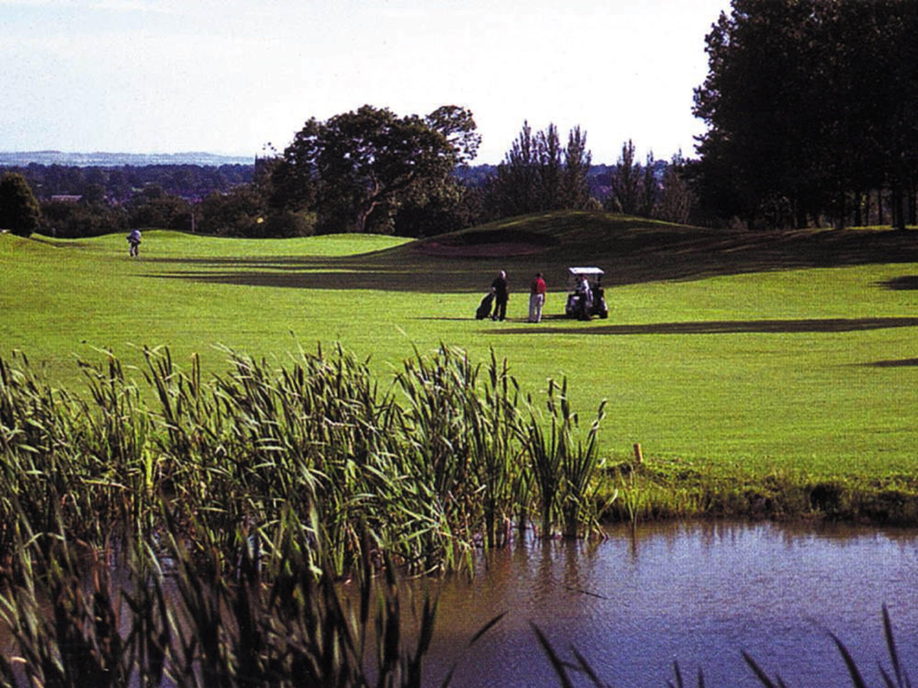 A golf course with a pond in the foreground, a golf cart, and players in the distance.