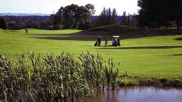 A golf course with a pond in the foreground, a golf cart, and players in the distance.