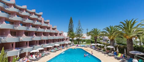 Outdoor pool, pool umbrellas, pool loungers