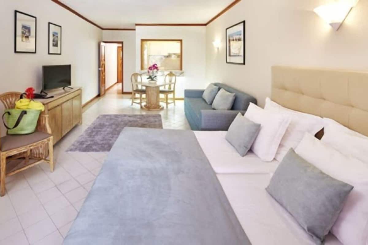 A hotel room with a bed, a sofa, a desk with a TV, and a dining area.