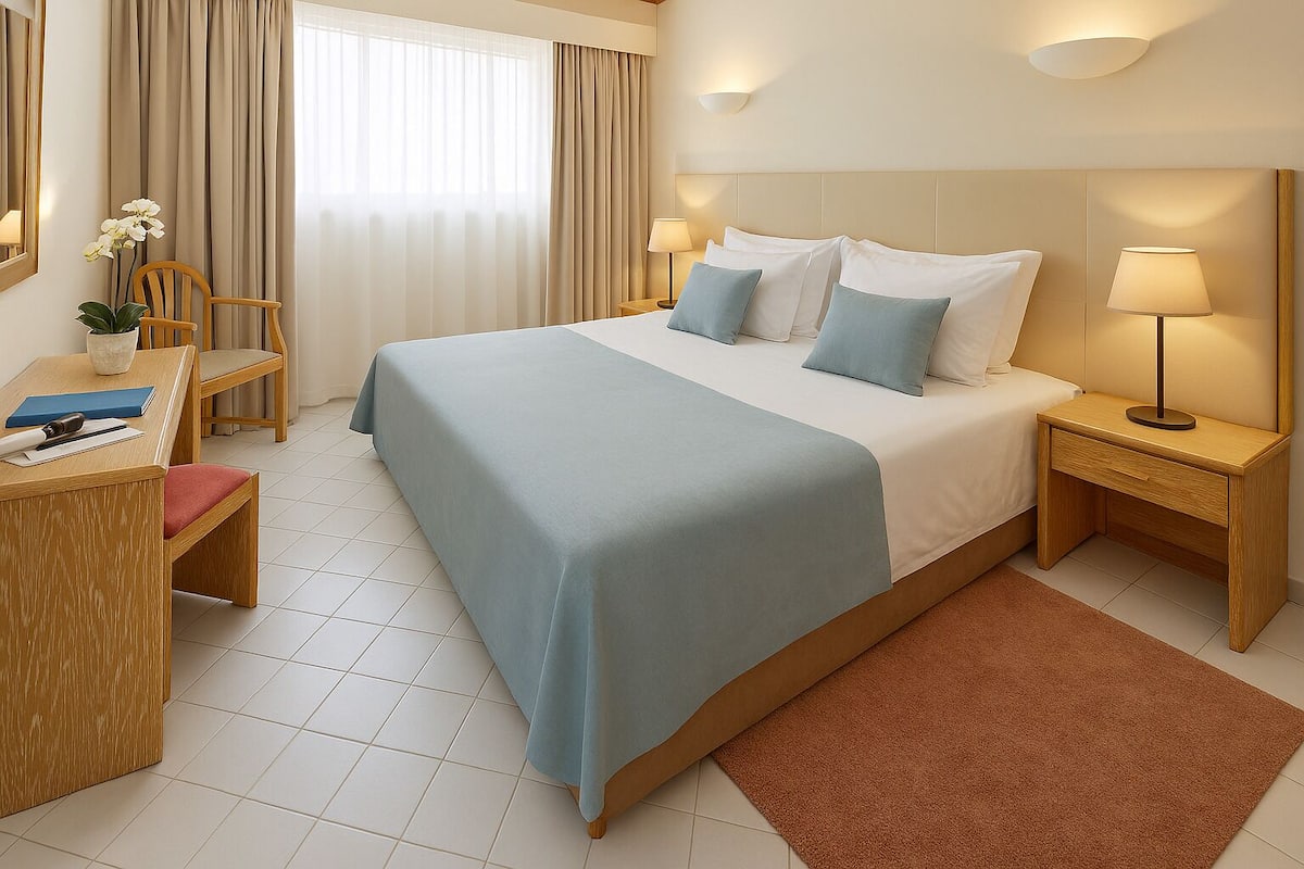 Habitación de hotel con cama, mesitas de noche, escritorio, silla, lámpara y planta en maceta.