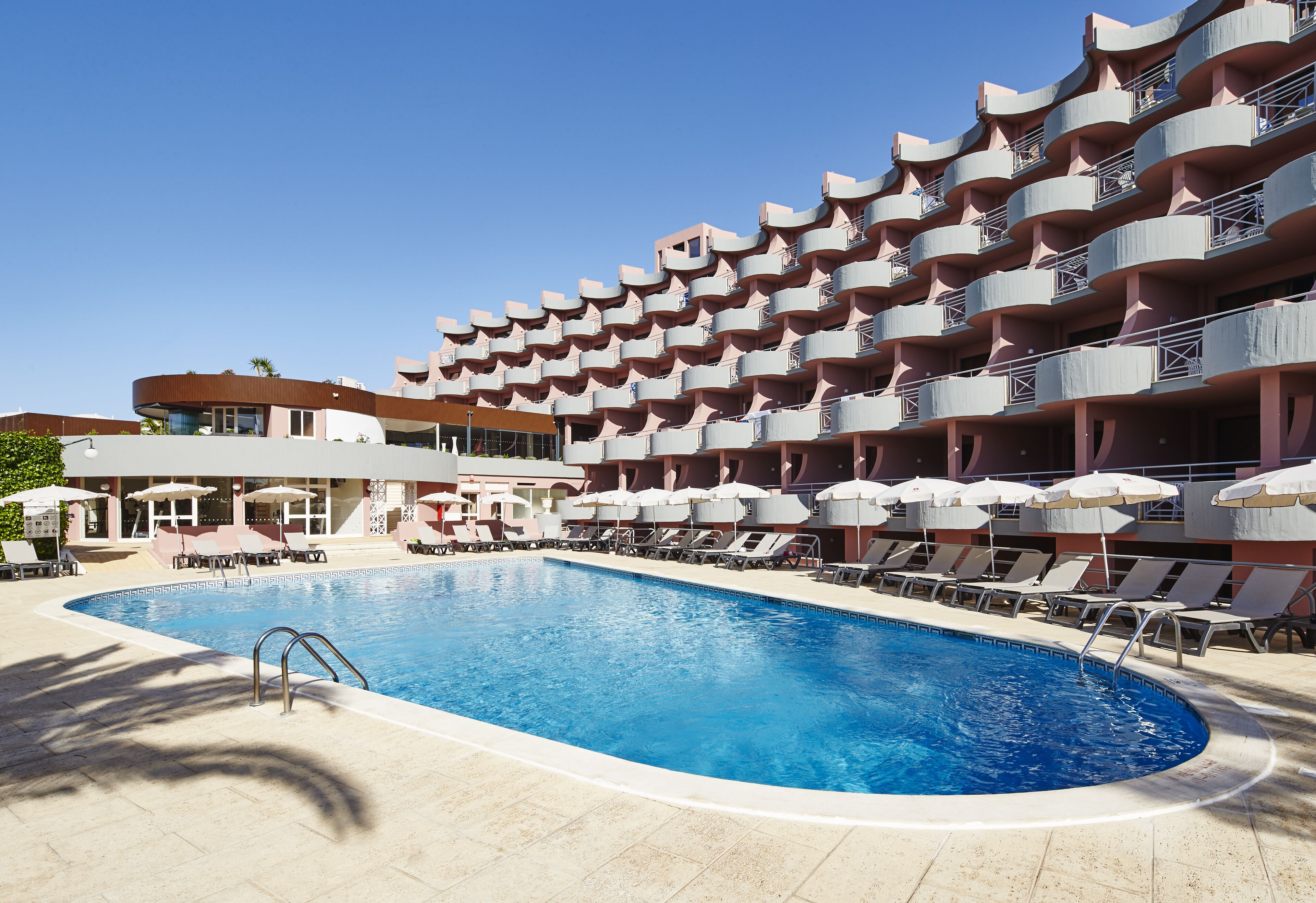 Outdoor pool, pool umbrellas, pool loungers