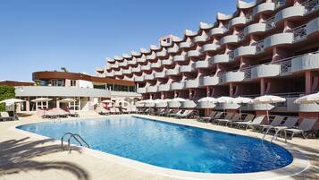 Outdoor pool, pool umbrellas, pool loungers