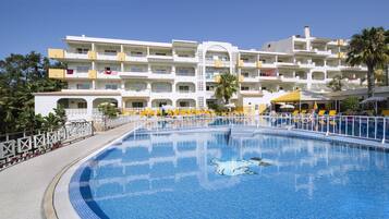 Indoor pool, outdoor pool, pool umbrellas, sun loungers