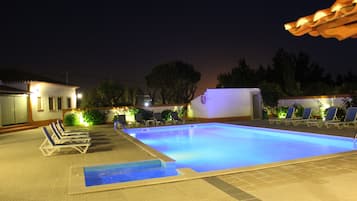 Outdoor pool, pool umbrellas, pool loungers