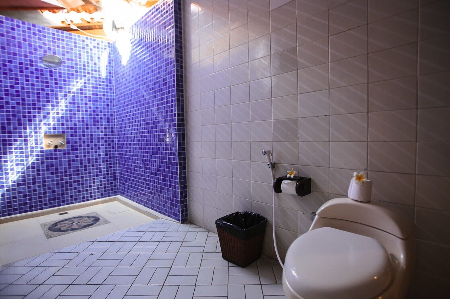 Un baño con inodoro blanco, un bote de basura, dispensador de toallas y zona de ducha con mosaicos azules.