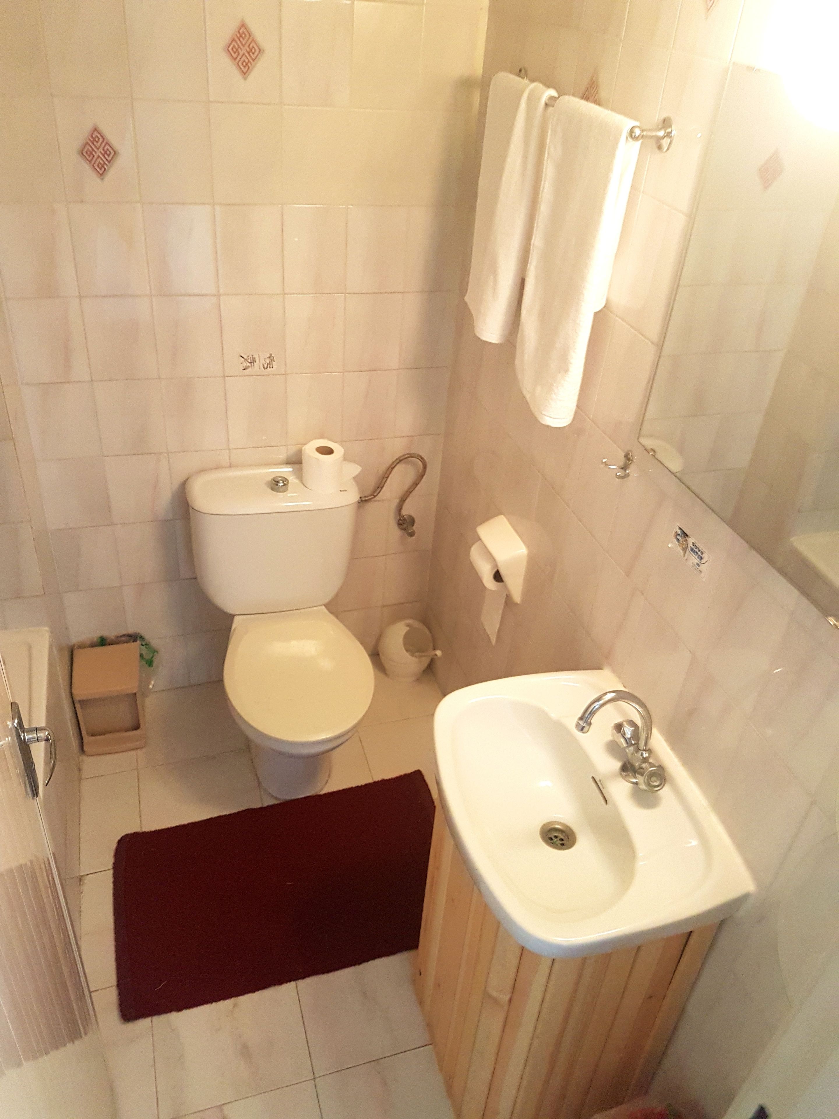 Un baño pequeño con inodoro, lavamanos y ducha.