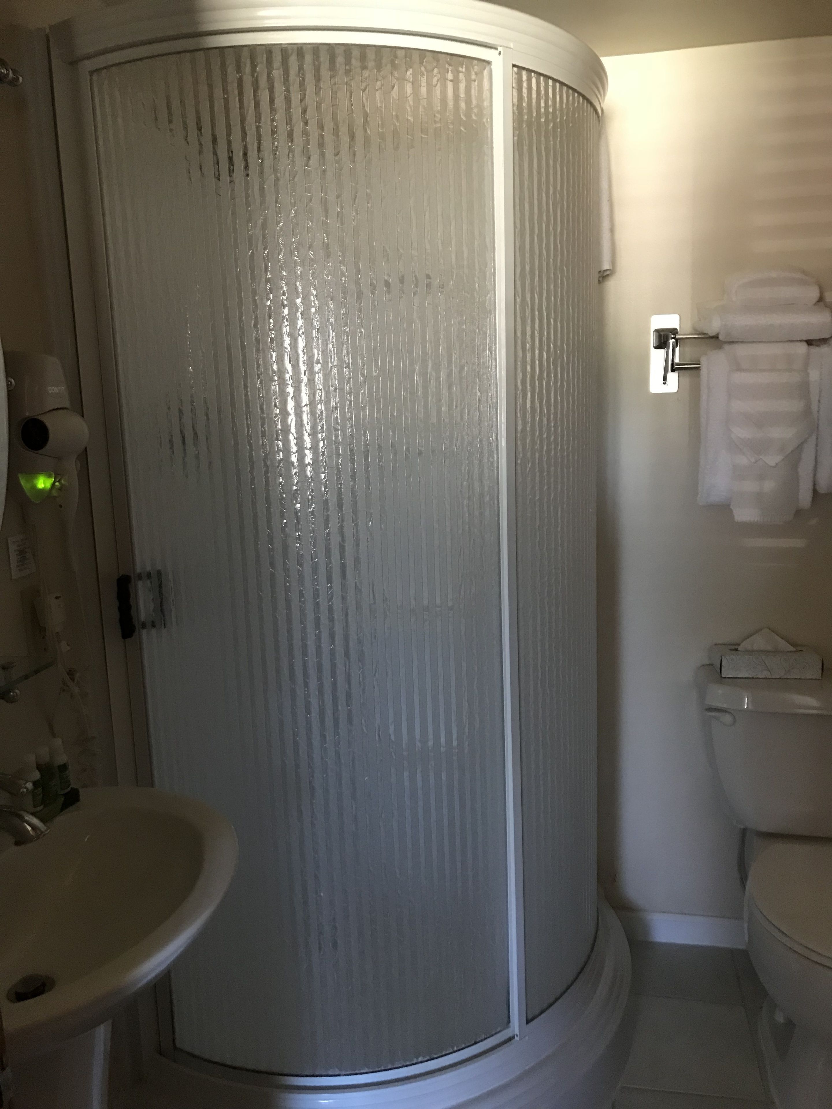 A bathroom with a shower enclosure, a sink, and a toilet.