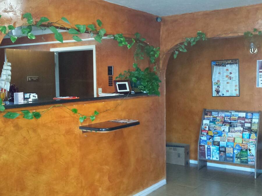 Un área de recepción con un mostrador de madera, un reloj y un tablón de anuncios con diversos avisos.