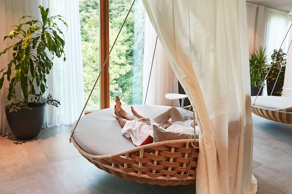 Una habitación con una silla colgante, una planta grande en maceta y vistas al verdor exterior.