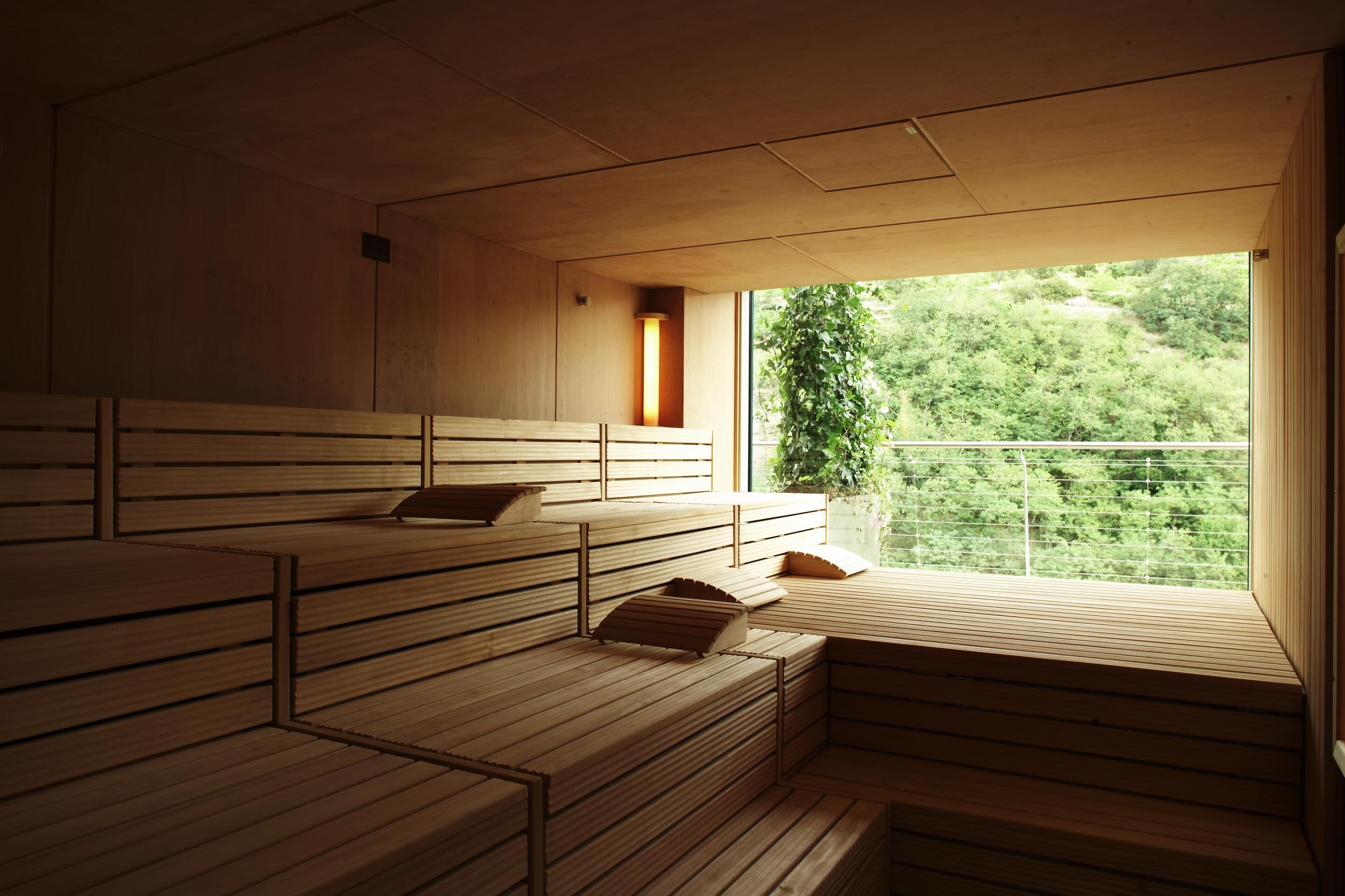 Un sauna en bois, doté de bancs à plusieurs niveaux et d’une fenêtre donnant sur un paysage verdoyant.