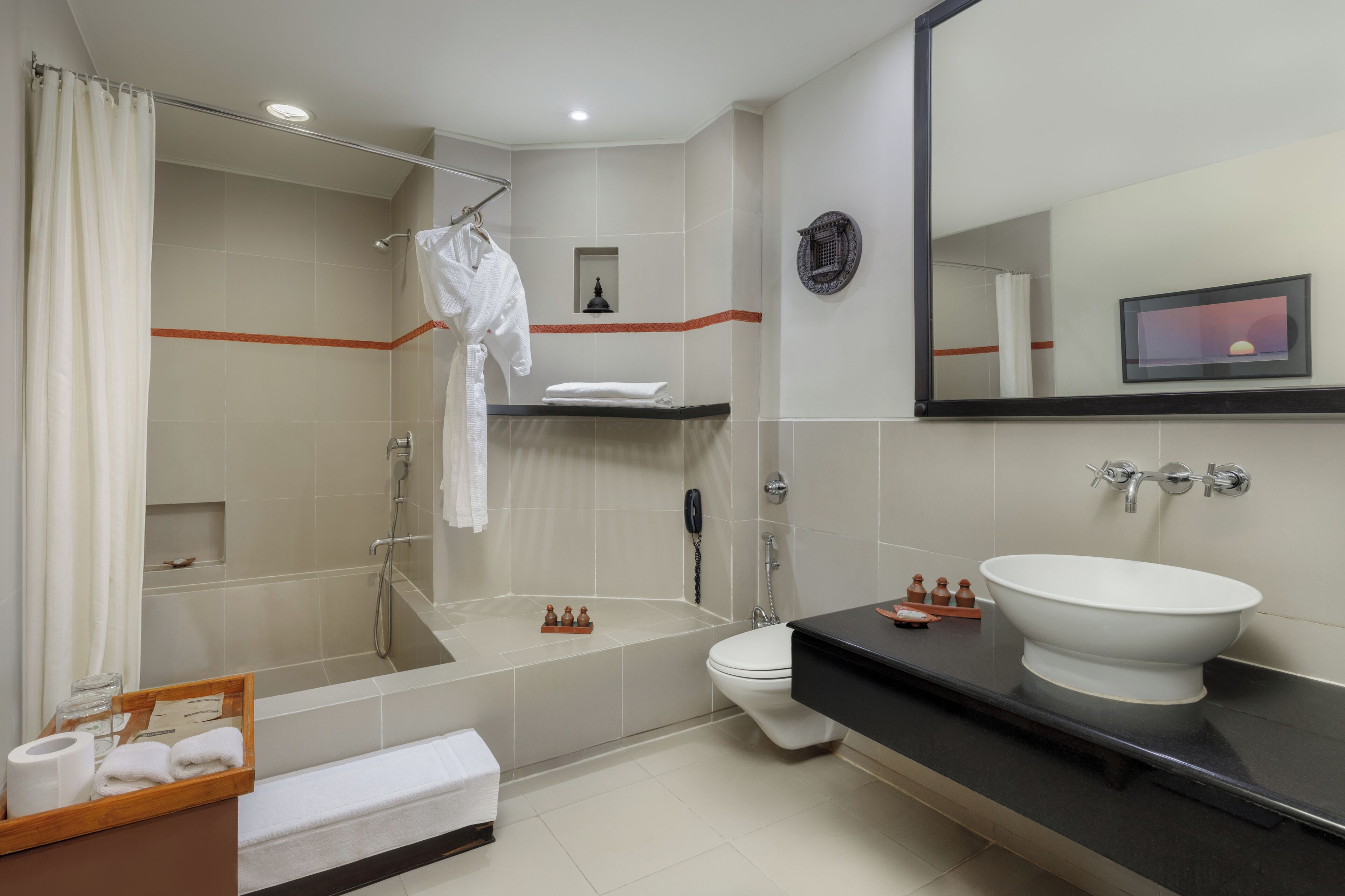 free toiletries, hair dryer, slippers, towels