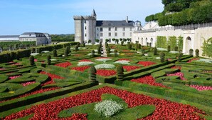 A formal garden with geometric patterns and a large building with a tower.
