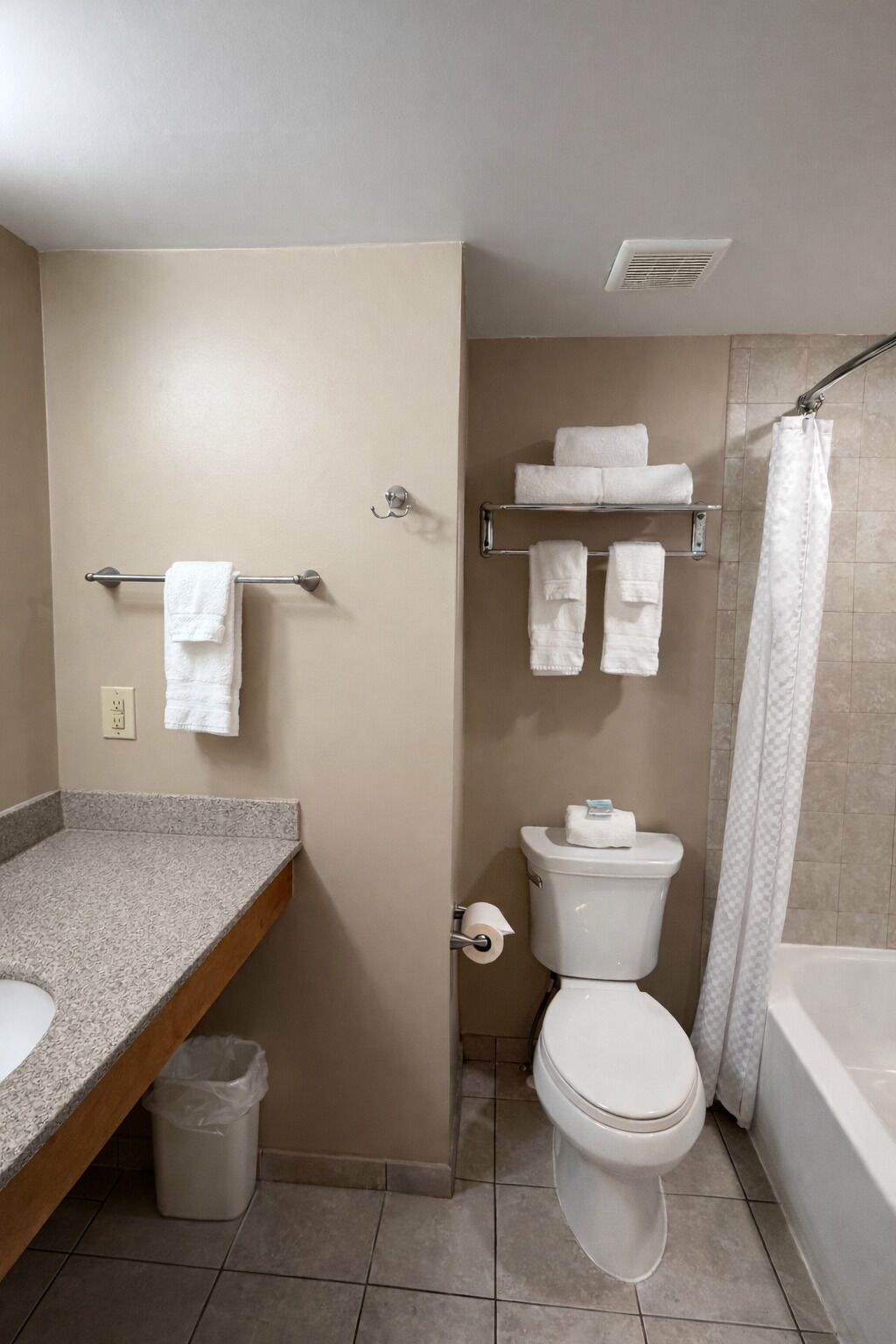 A bathroom with a toilet, sink, towel rack, and shower curtain.
