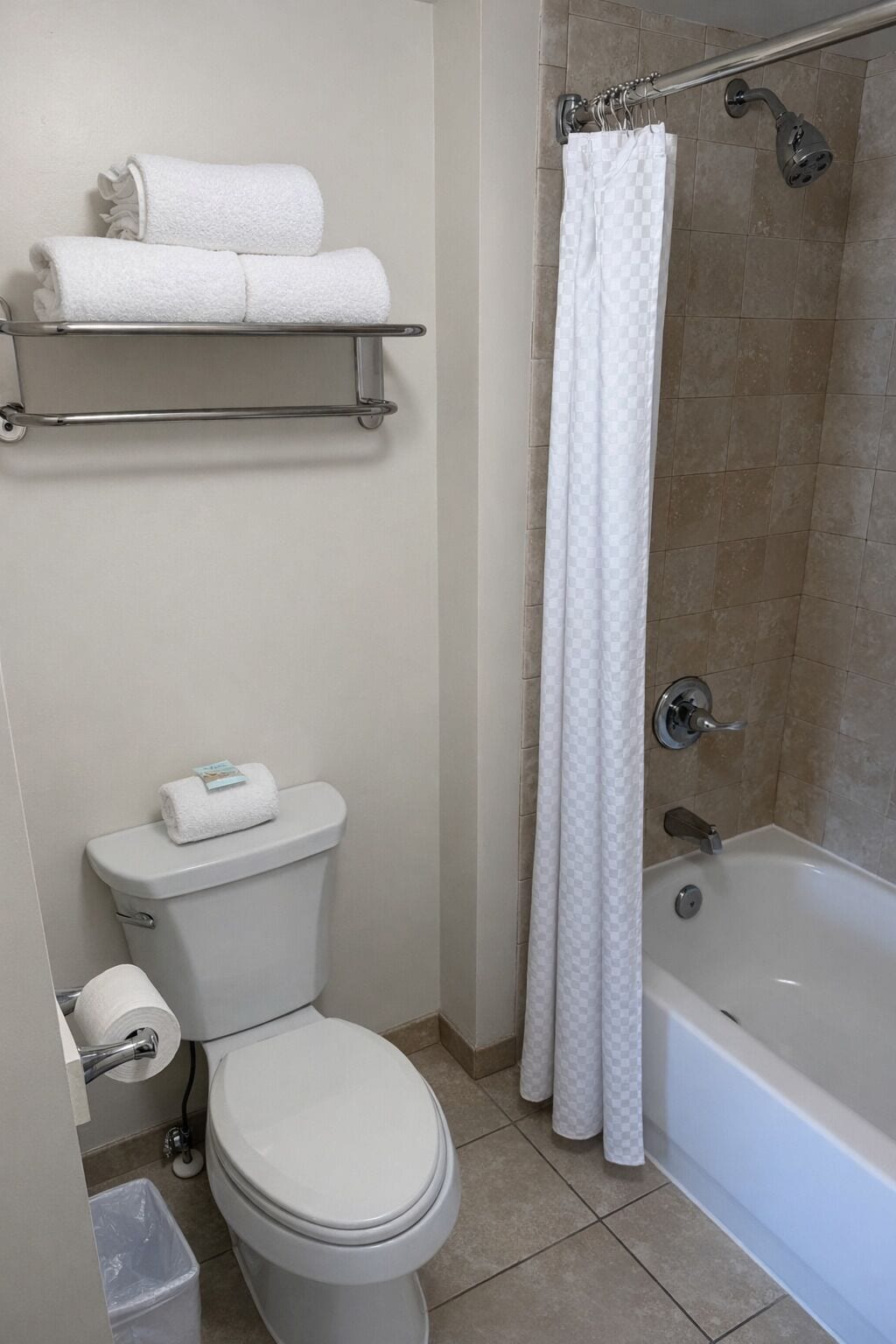 A bathroom with a toilet, a shower with a checkered curtain, and a shelf with towels.