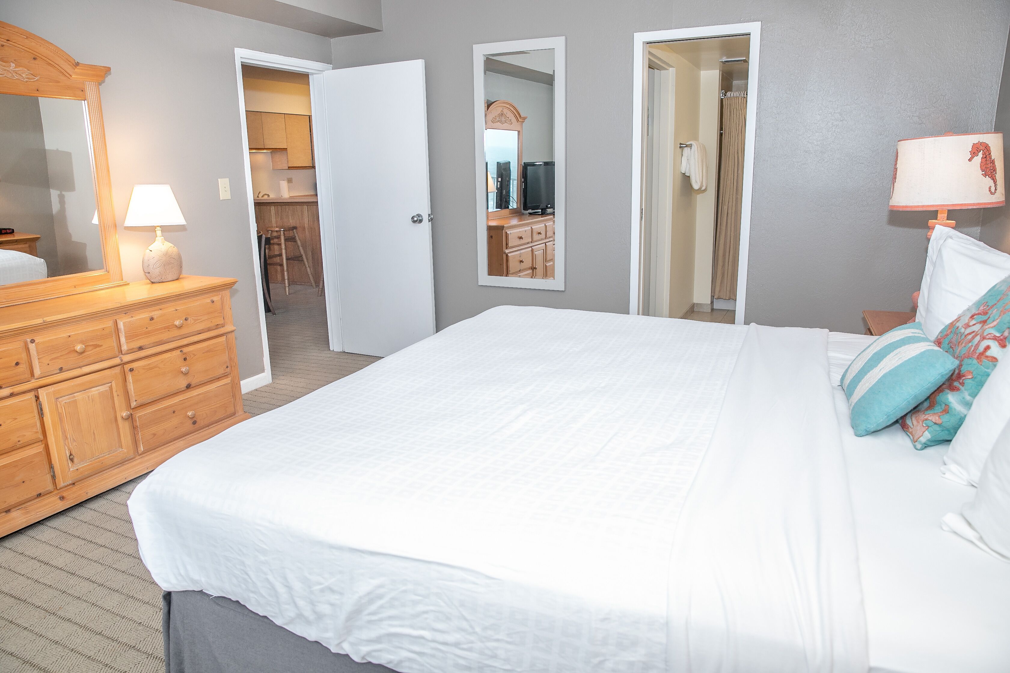 1 bedroom, desk, blackout curtains, iron/ironing board