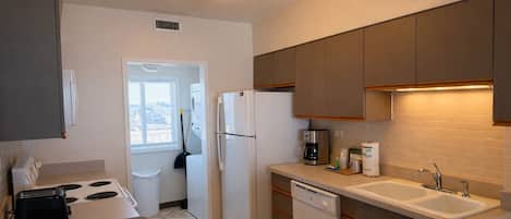 A compact kitchen with a stove, refrigerator, dishwasher, and a sink.