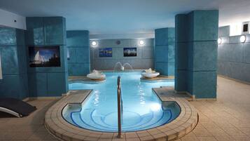 Indoor pool, outdoor pool, open 8:00 AM to 6:00 PM, pool umbrellas