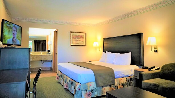 Habitación de hotel con cama, lámparas de noche, escritorio, silla, televisión y baño al fondo.
