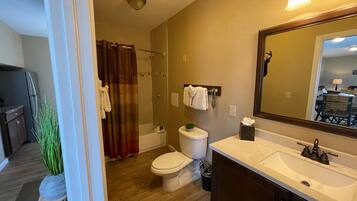 A bathroom with a shower, toilet, sink, and a mirror.