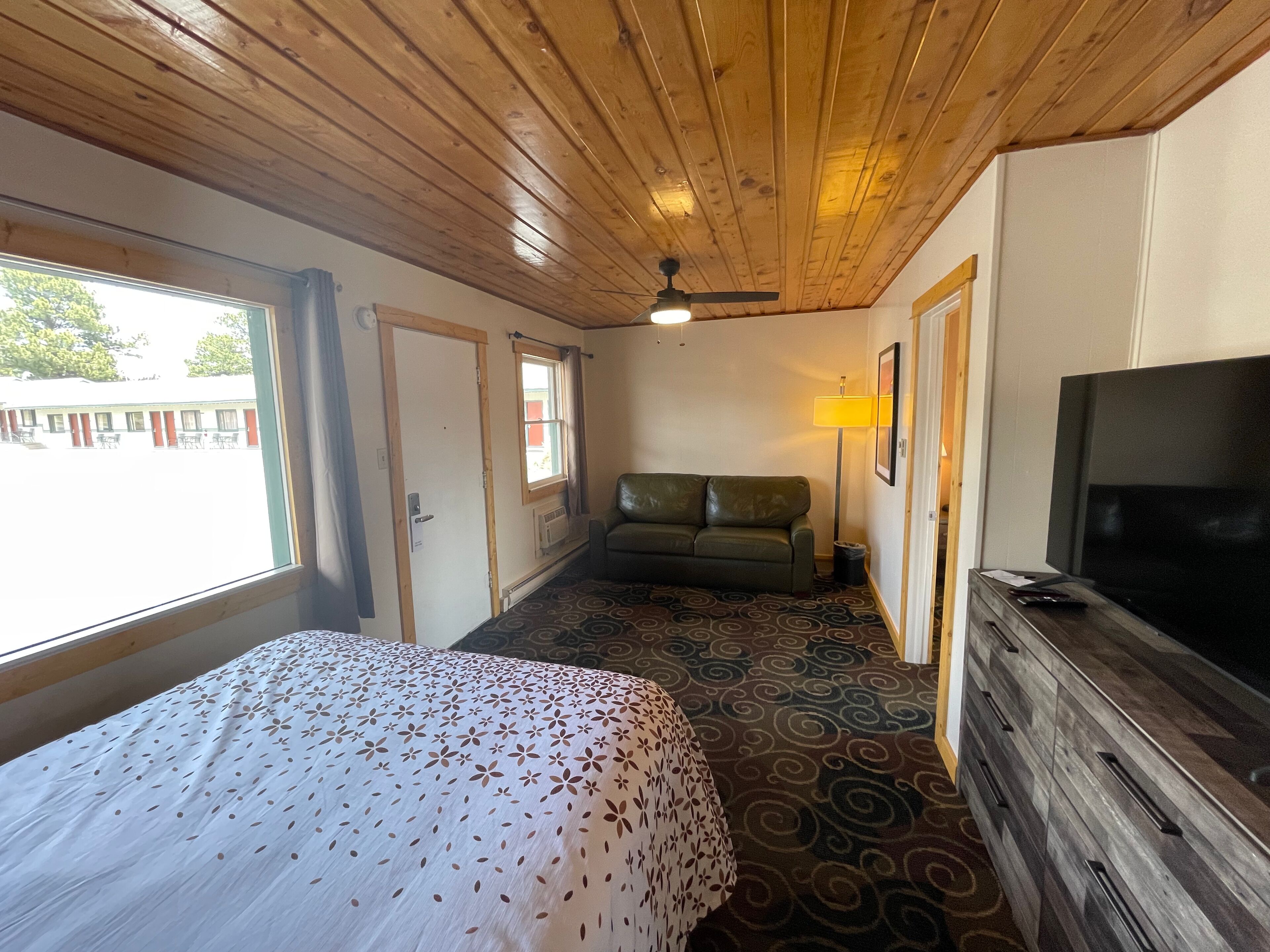 A room with a bed, a sofa, a TV, and a ceiling fan.