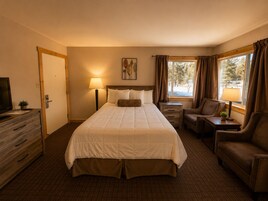 Habitación de hotel con una cama grande, un escritorio, una silla, un televisor y una ventana con cortinas.