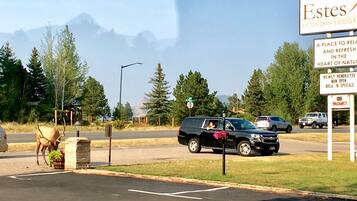 A mountain lodge sign with a view of a road, a deer, and vehicles.