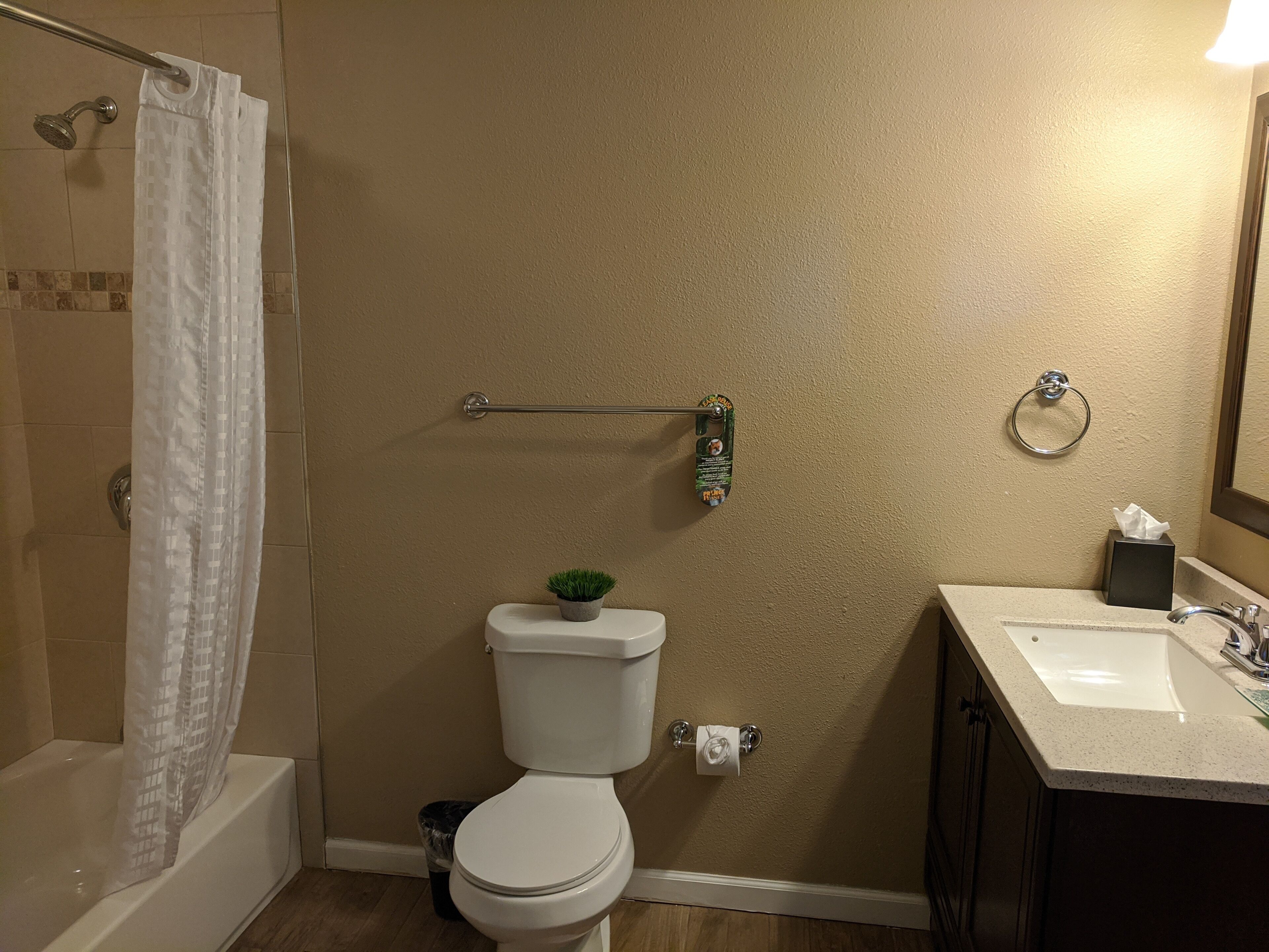 A bathroom with a toilet, a sink, a shower with a glass door, a towel rack, and a small potted plant.