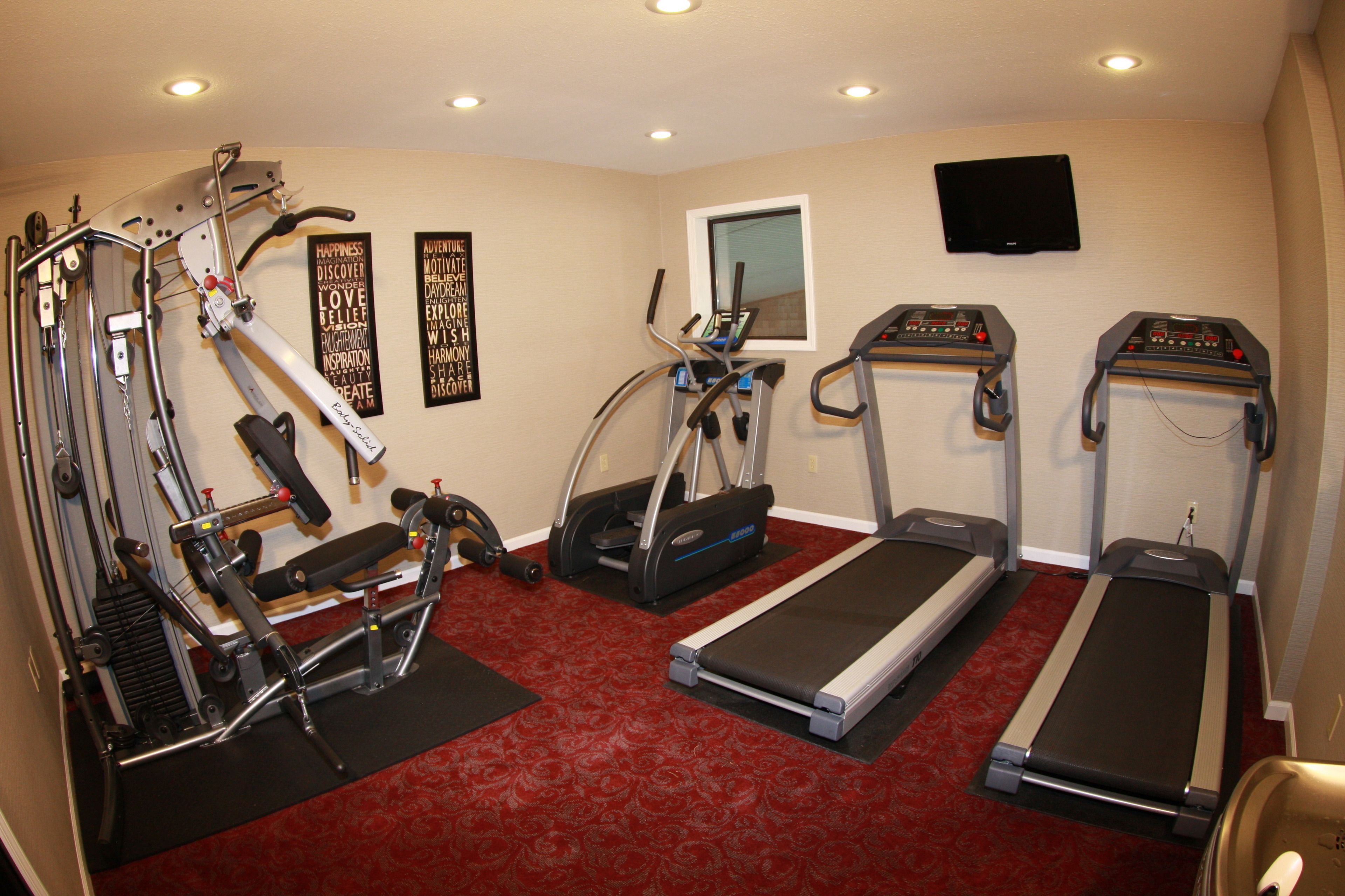 A home gym with treadmills, a stationary bike, and weight machines.