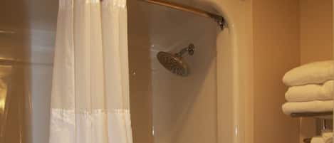 Une salle de bain avec une baignoire, une douche et des toilettes.
