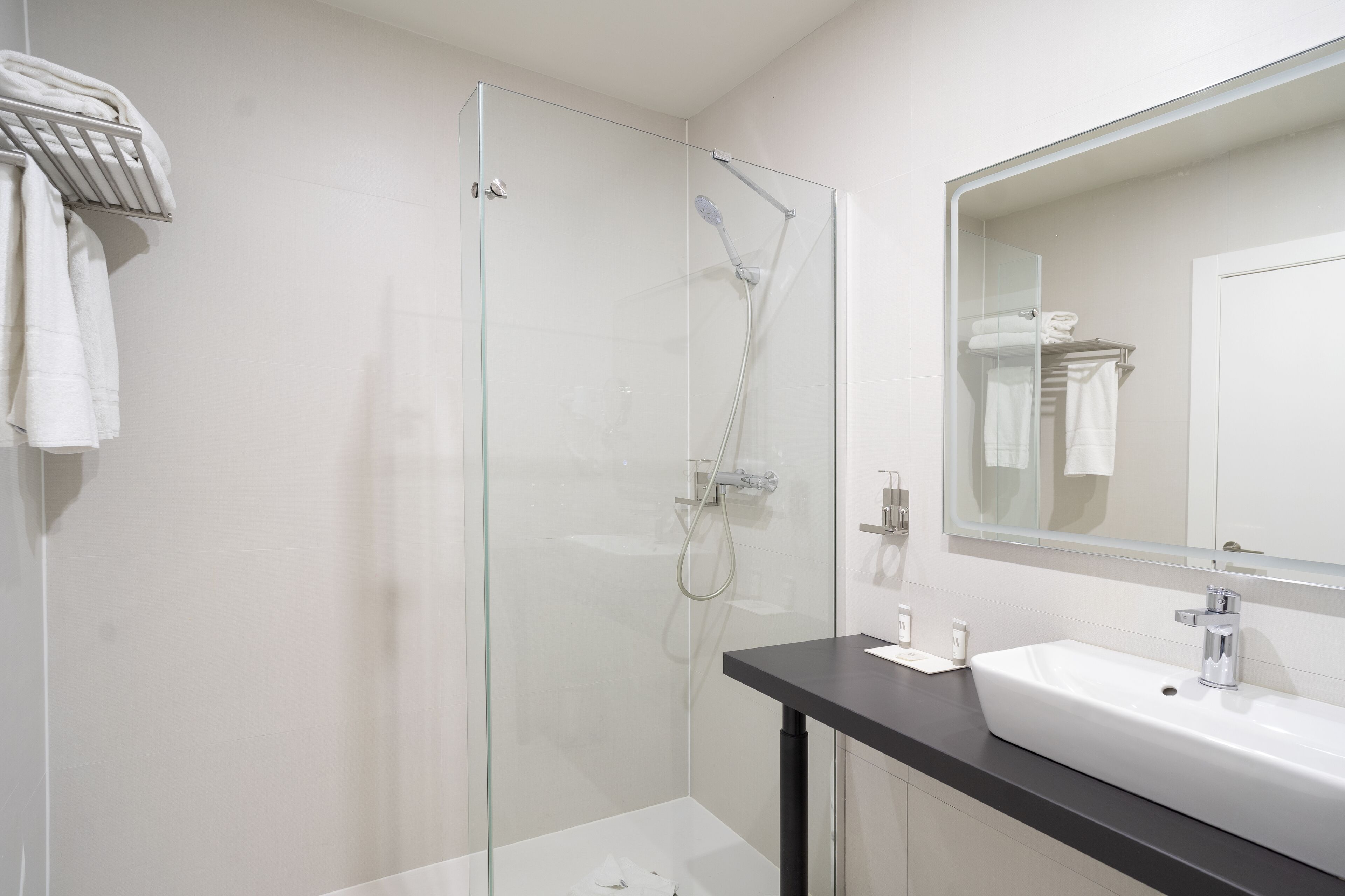 A modern bathroom with a glass-enclosed shower, a white sink, and a large mirror.