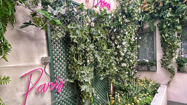Un jardín con diversas plantas y flores, una cerca de celosía verde y un letrero de neón que dice 'Longchamp Flowers Paris'.