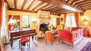 A spacious living room with a grand piano, comfortable seating, a fireplace, and a high wooden ceiling. - Le Petit Manoir Des Bruyeres (Villefargeau)