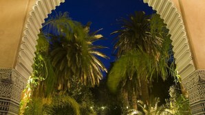 Un arco de entrada con palmeras al frente.