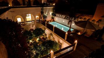 Outdoor pool, pool umbrellas, pool loungers