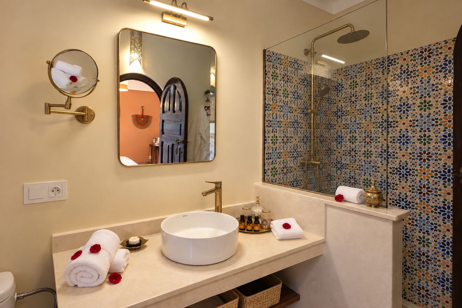 A bathroom with a round mirror, a sink, and a shower area.
