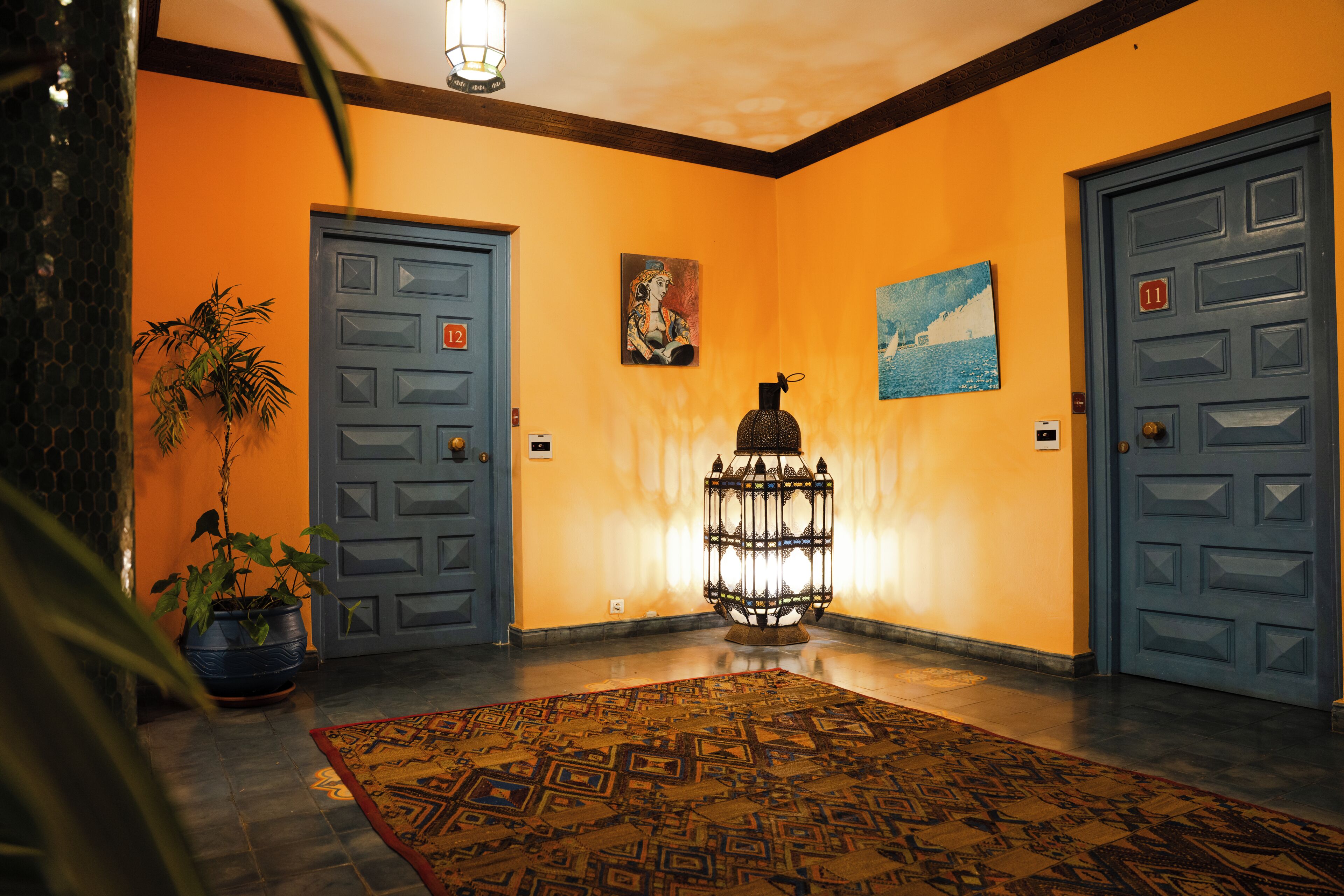 A hallway with two doors, a patterned rug, a potted plant, and wall art.