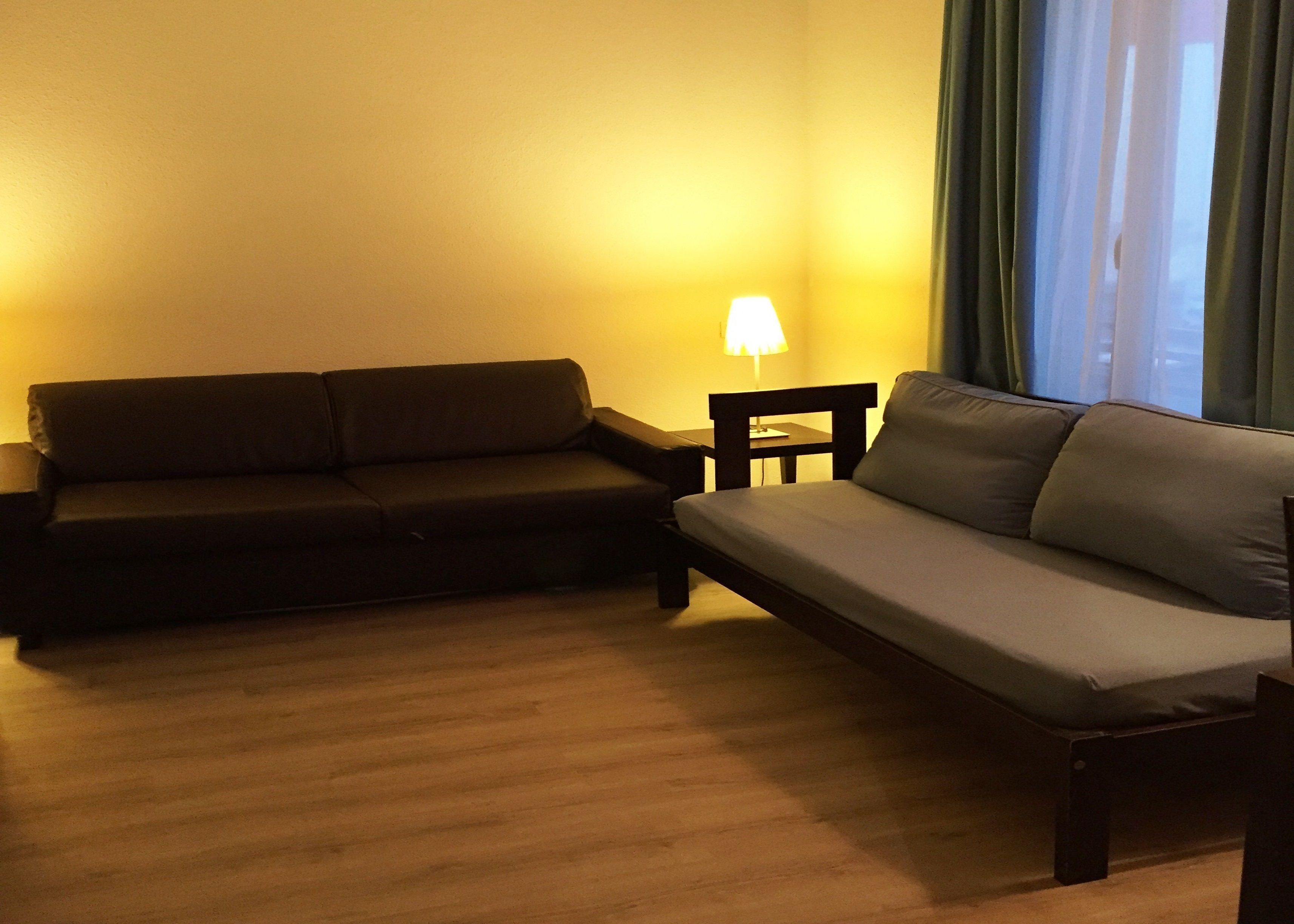 A living room with a dark brown sofa, a light brown sofa, a small table, and a lamp.