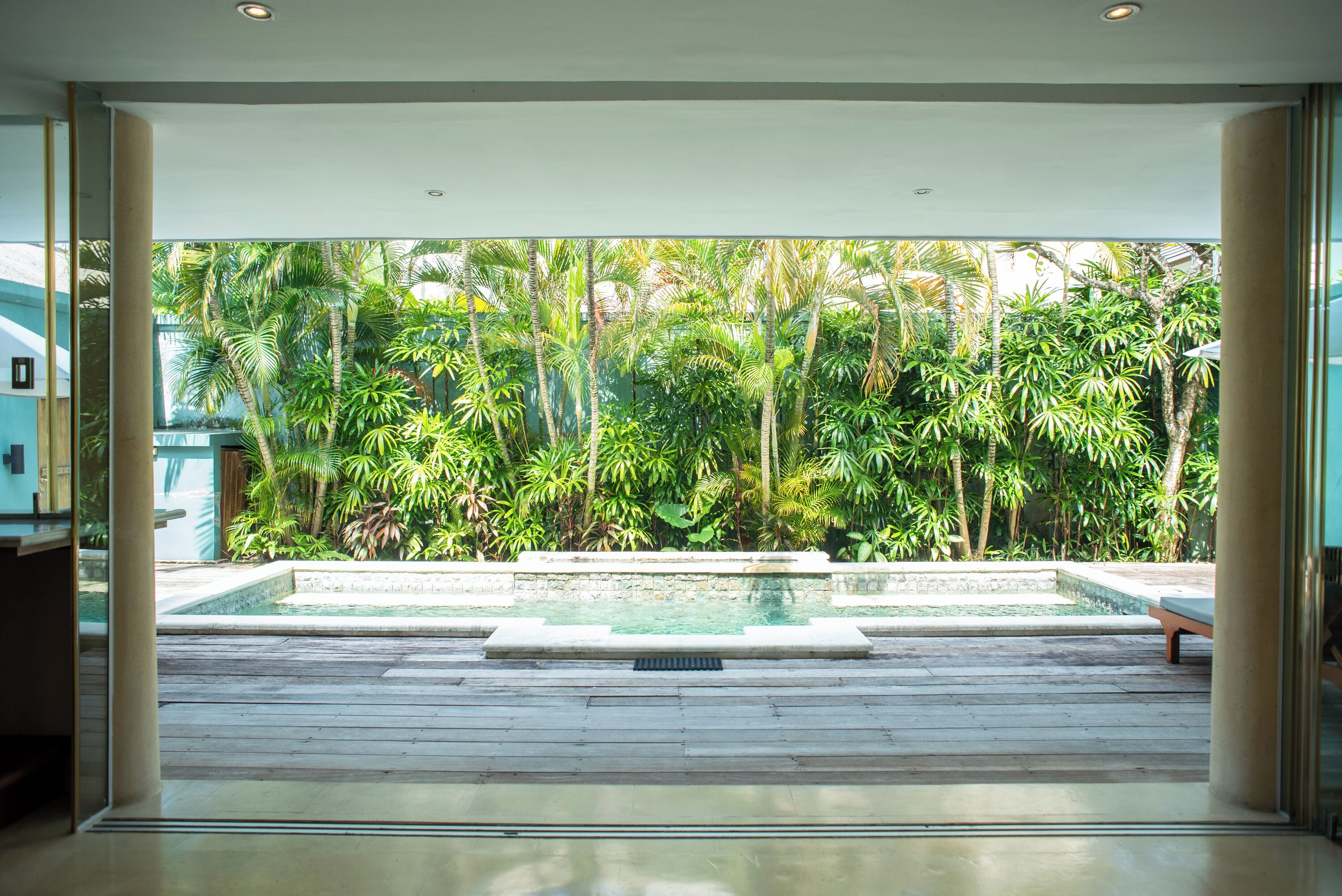 A pool area with a wooden deck, surrounded by lush tropical vegetation.