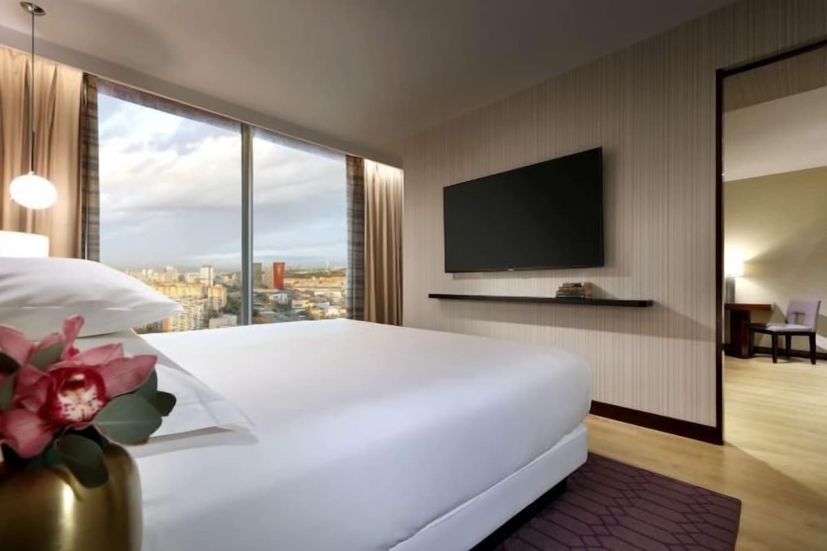 A modern hotel room with a large bed, a flat-screen TV mounted on the wall, and a city view through large windows.