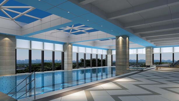 A modern indoor swimming pool with a city view, large windows, and a geometric ceiling design. - Paradox Kunshan (Suzhou)