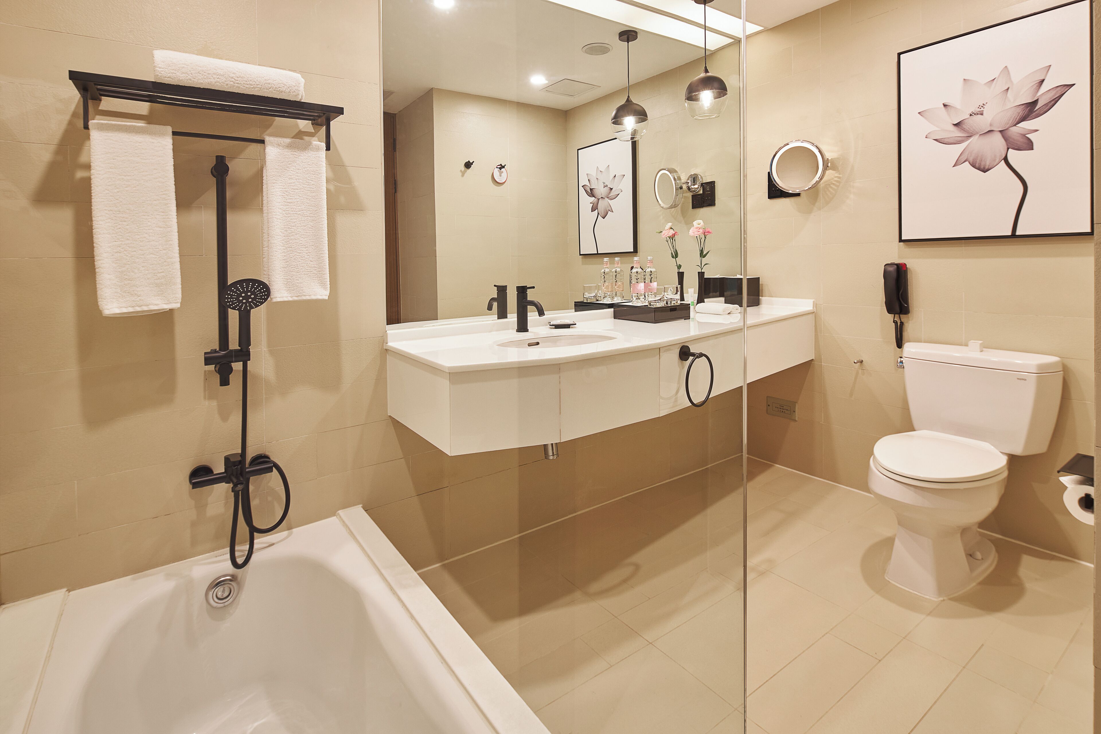 separate bathtub and shower, deep-soaking bathtub, rainfall showerhead