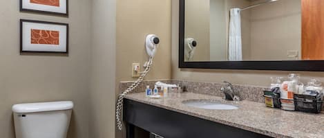 A bathroom with a toilet, a sink, a hairdryer, framed artwork, and a mirror.